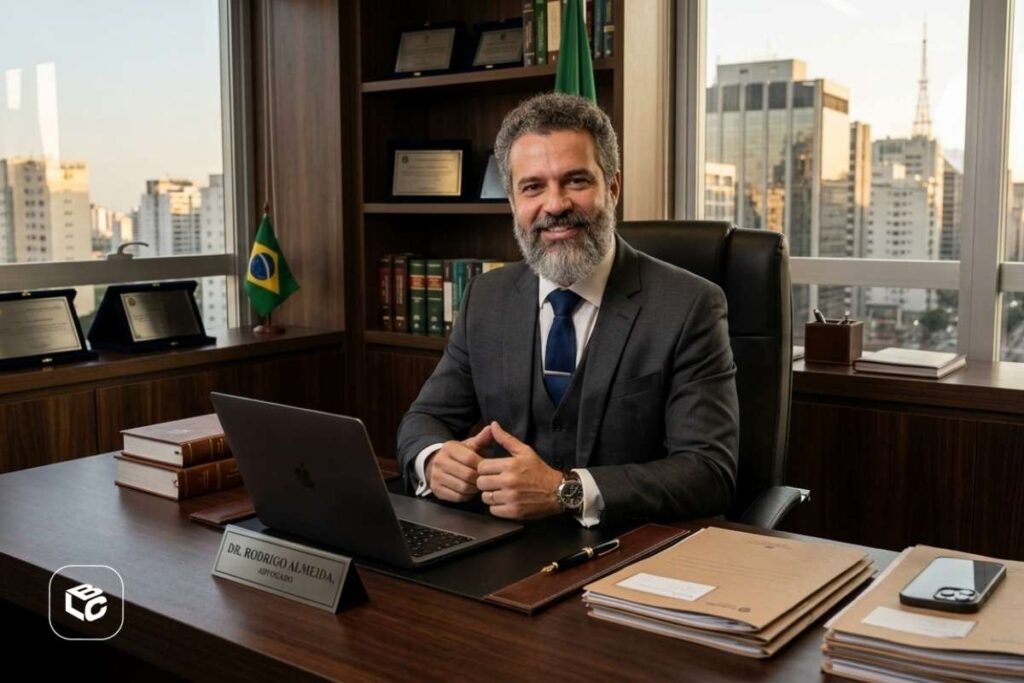 Advogado sentado à mesa com laptop e livros, escritório de advocacia