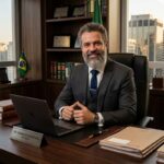Advogado sentado à mesa com laptop e livros, escritório de advocacia